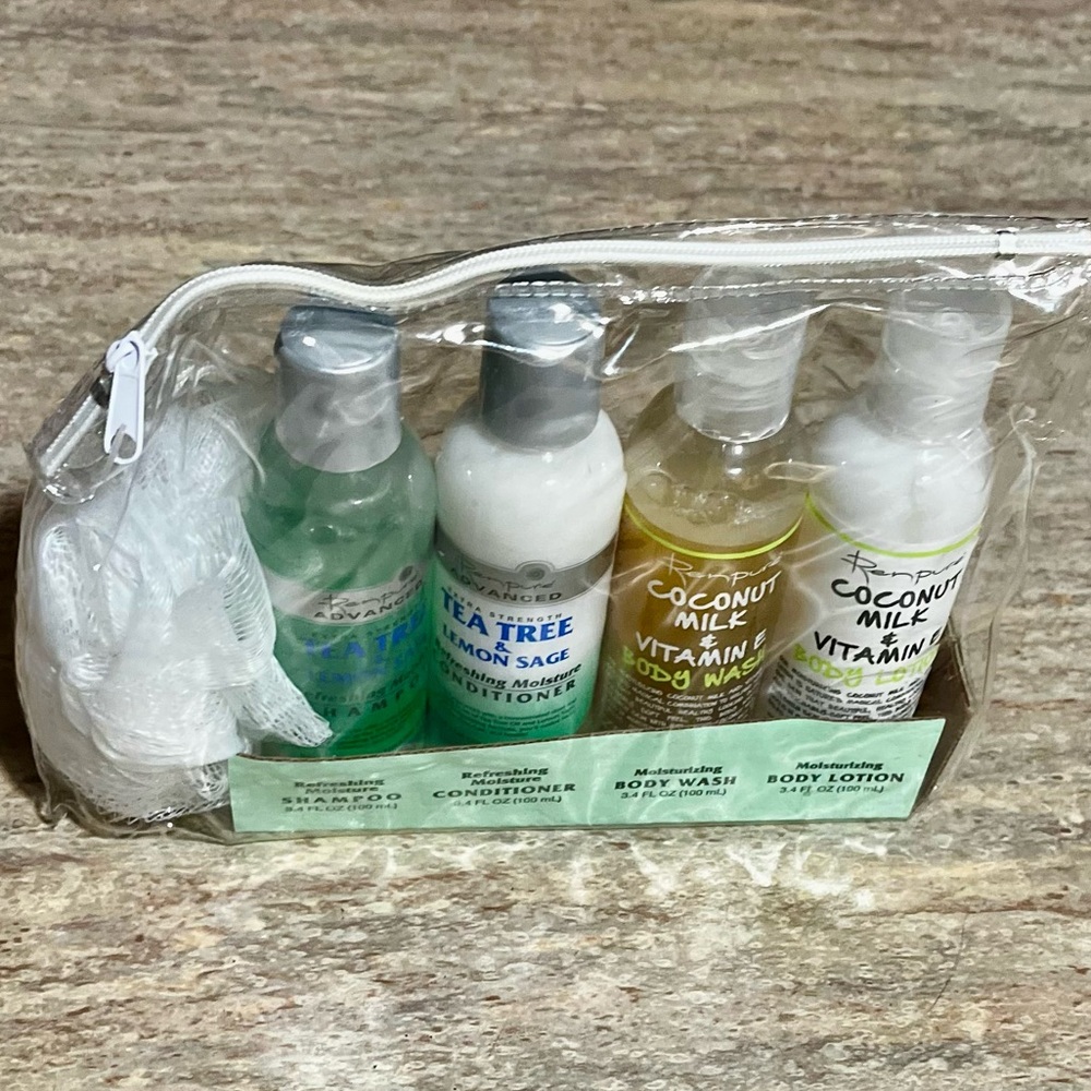 New 4-Pack Renpure shampoo, conditioner, body wash, lotion mini set with sponge
